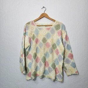 Vintage Pastel Argyle Open Knit Sweater Long Sleeve Cottagecore Boho Retro